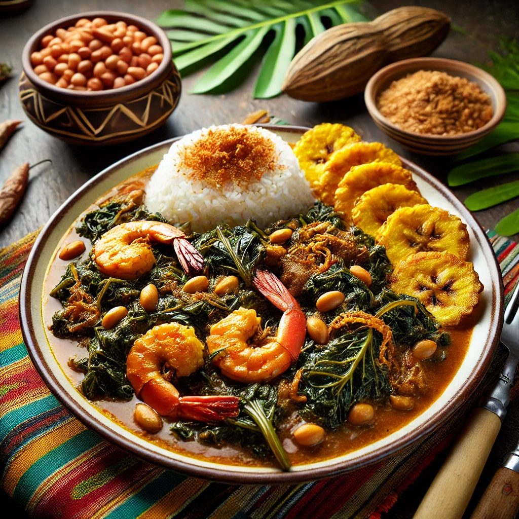 DALL·E 2025-02-12 18.00.43 - A traditional Cameroonian dish called Ndolé, served on a plate. The dish consists of stewed bitter leaves mixed with ground peanuts and cooked with sh